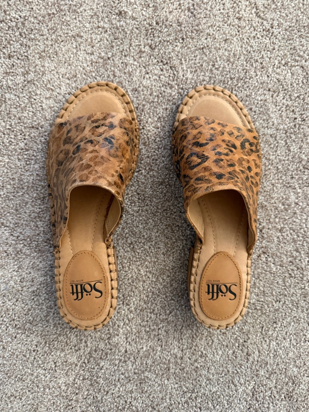 Sofft Leopard Slide Sandals in Brown and Black